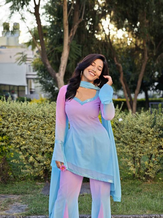 MAYA RETRO STYLE KURTHI SET: OMBRE (PINK BLUE) - Traditional Alley