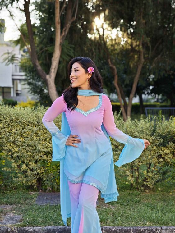 MAYA RETRO STYLE KURTHI SET: OMBRE (PINK BLUE) - Traditional Alley