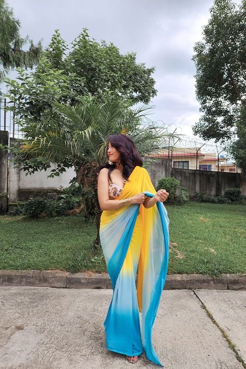 PUSPHA: OMBRE SAREE (BLUE YELLOW) - Traditional Alley