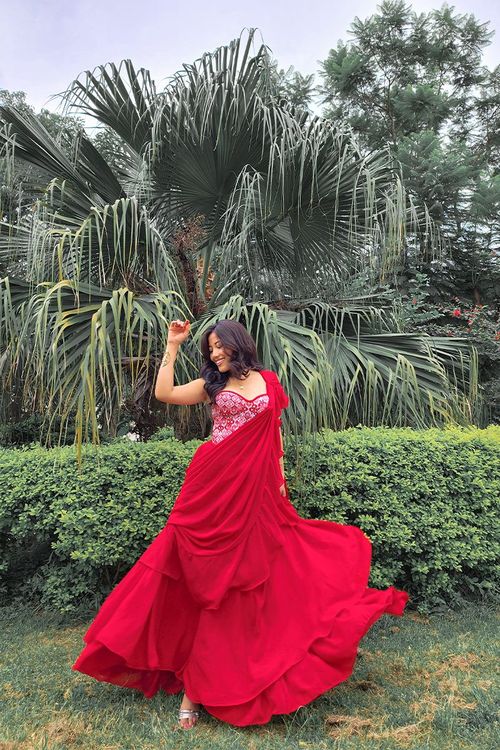 NEPALI DHAKA CORSET RUFFLE SAREE: RED - Traditional Alley