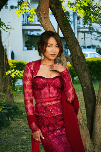 LAYLA: Sequin-Thread Corset Set with Boho Outer